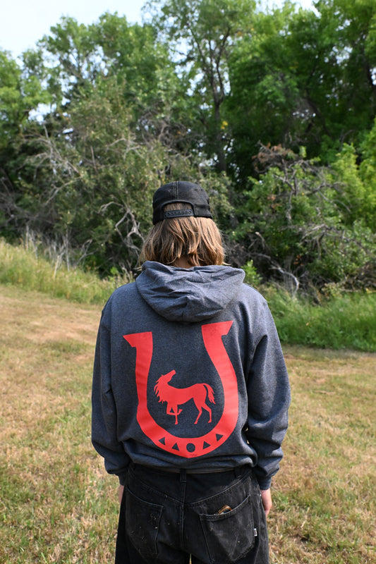 Horseshoe Champion Hoodie, back: red horseshoe with a horse inside