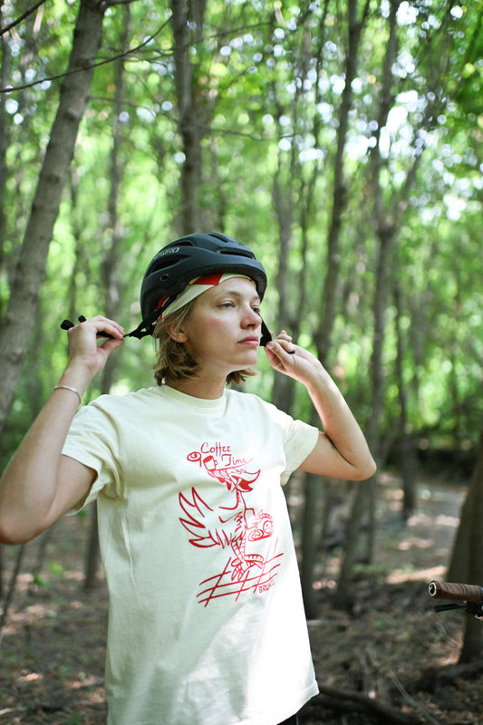 Coffee Time Shirt worn outdoors